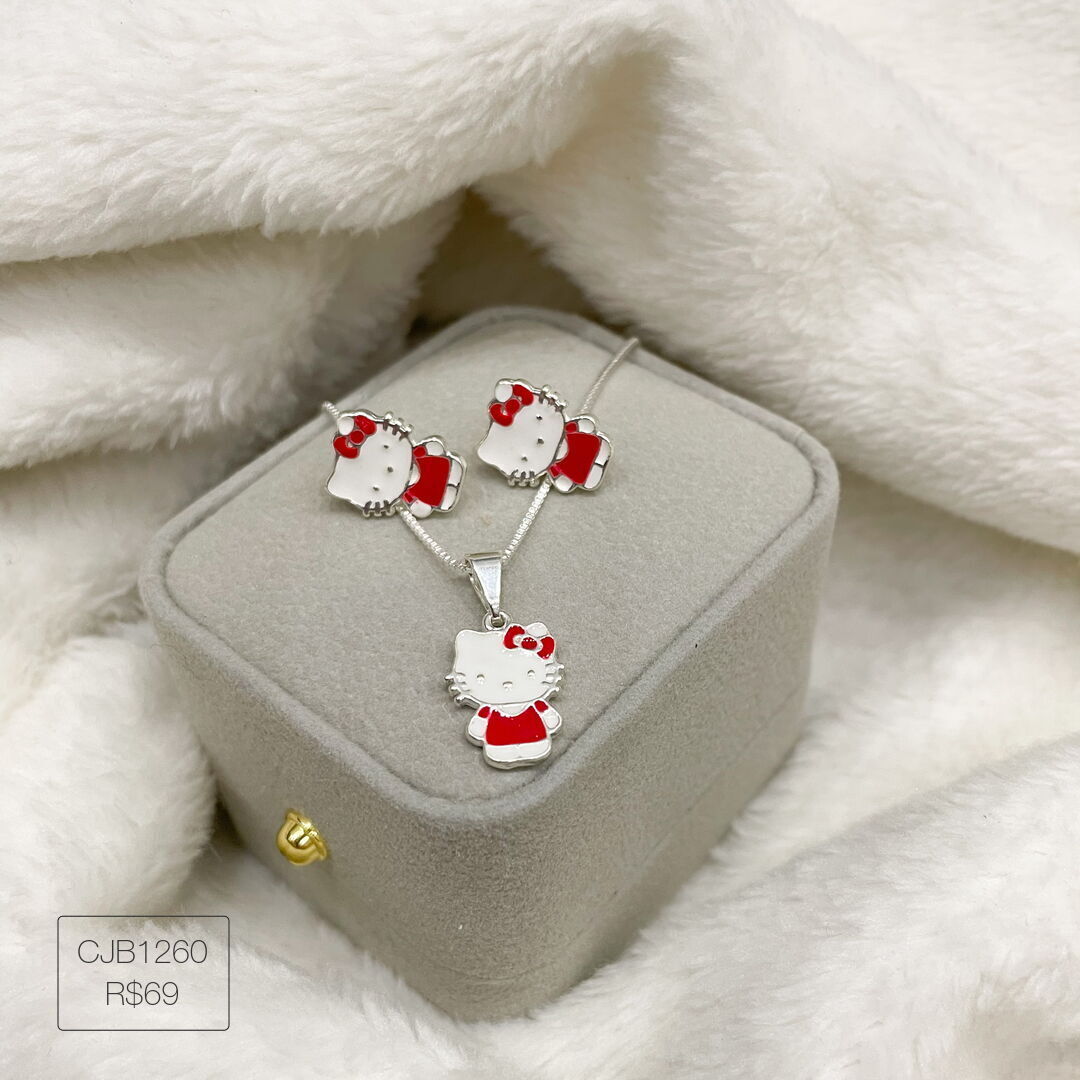 Conjunto Infantil Hello Kitty Esmaltado Prateado